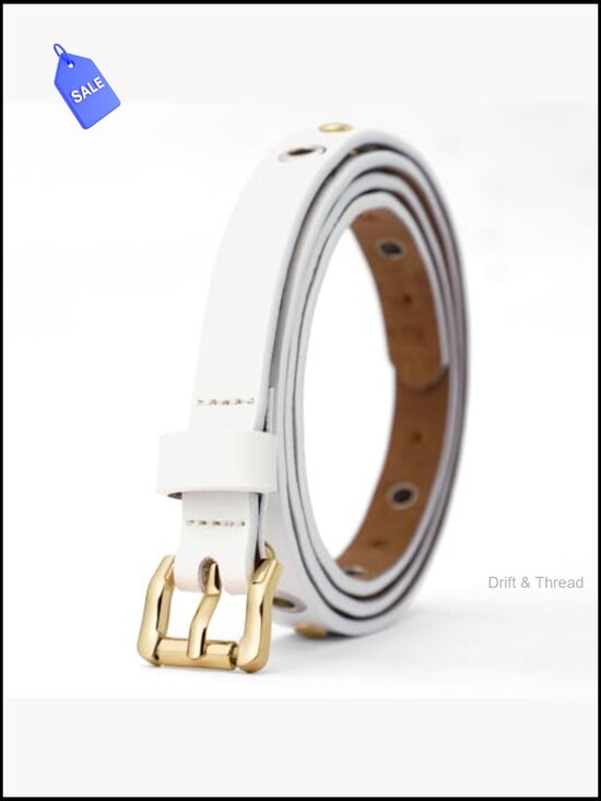 Womens Skinny Belt with Grommets Leather Gold Buckle main image 6
